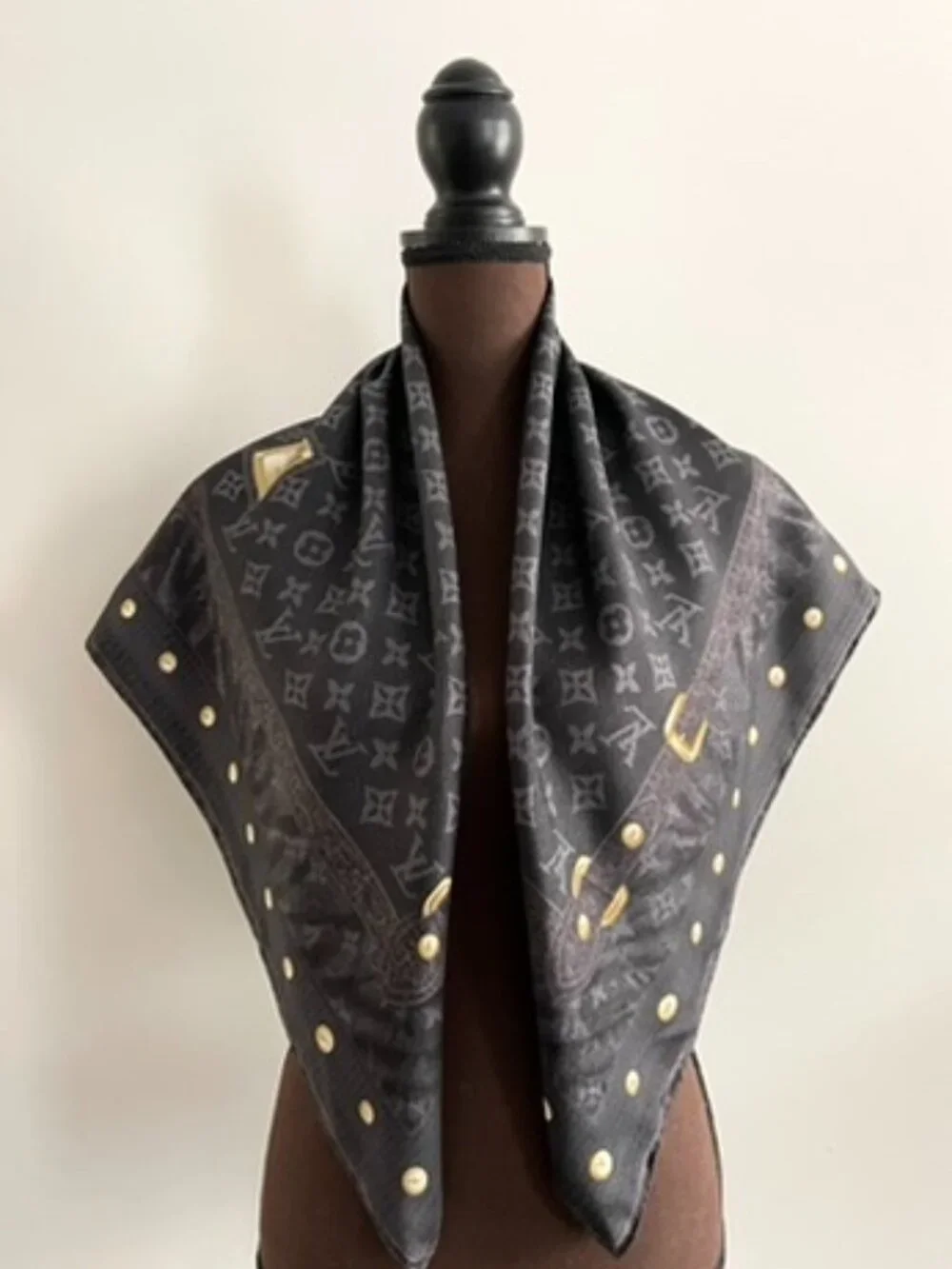 Display #2 Louis Vuitton Monogram Silk Twill Square Scarf Black Gray Gold